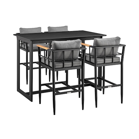 Armen Living Wiglaf Outdoor Patio 5-Piece Bar Table Set in Aluminum with Gray Cushions 840254333475